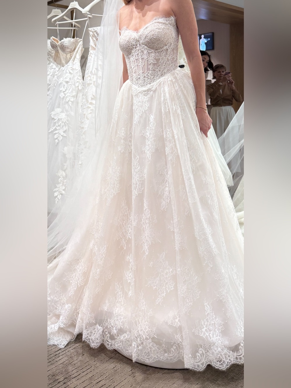Pronovias Strapless Lace A-Line Wedding Gown in Ivory